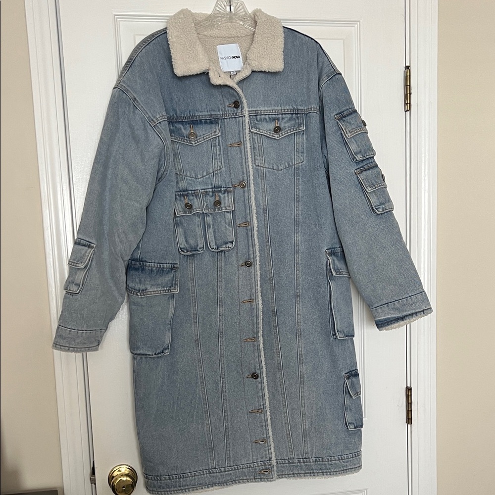 Fashion Nova Fully Sherpa Lined Long Denim Coat